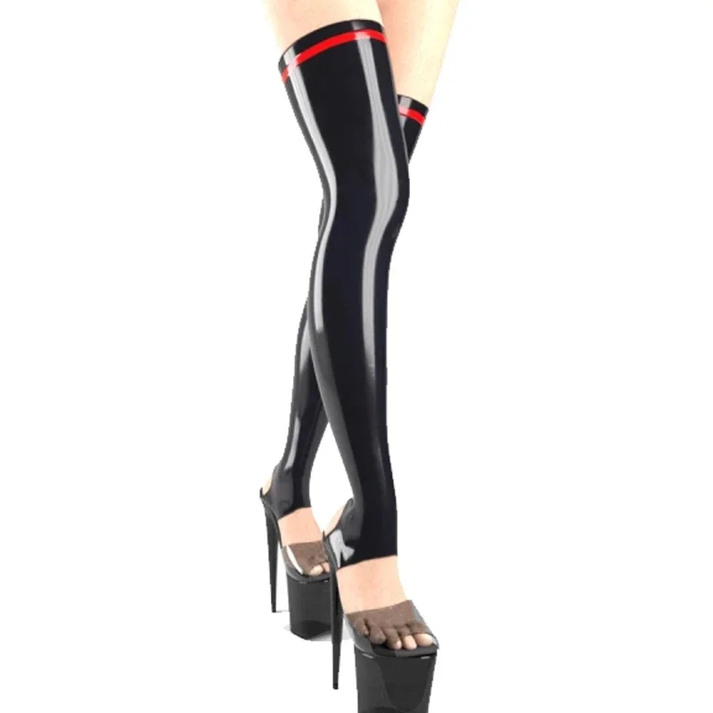 Latex Rubber Gummi Stocking Red with Black Trims Thigh-highs Socks Over Knee Customized 0.4mm