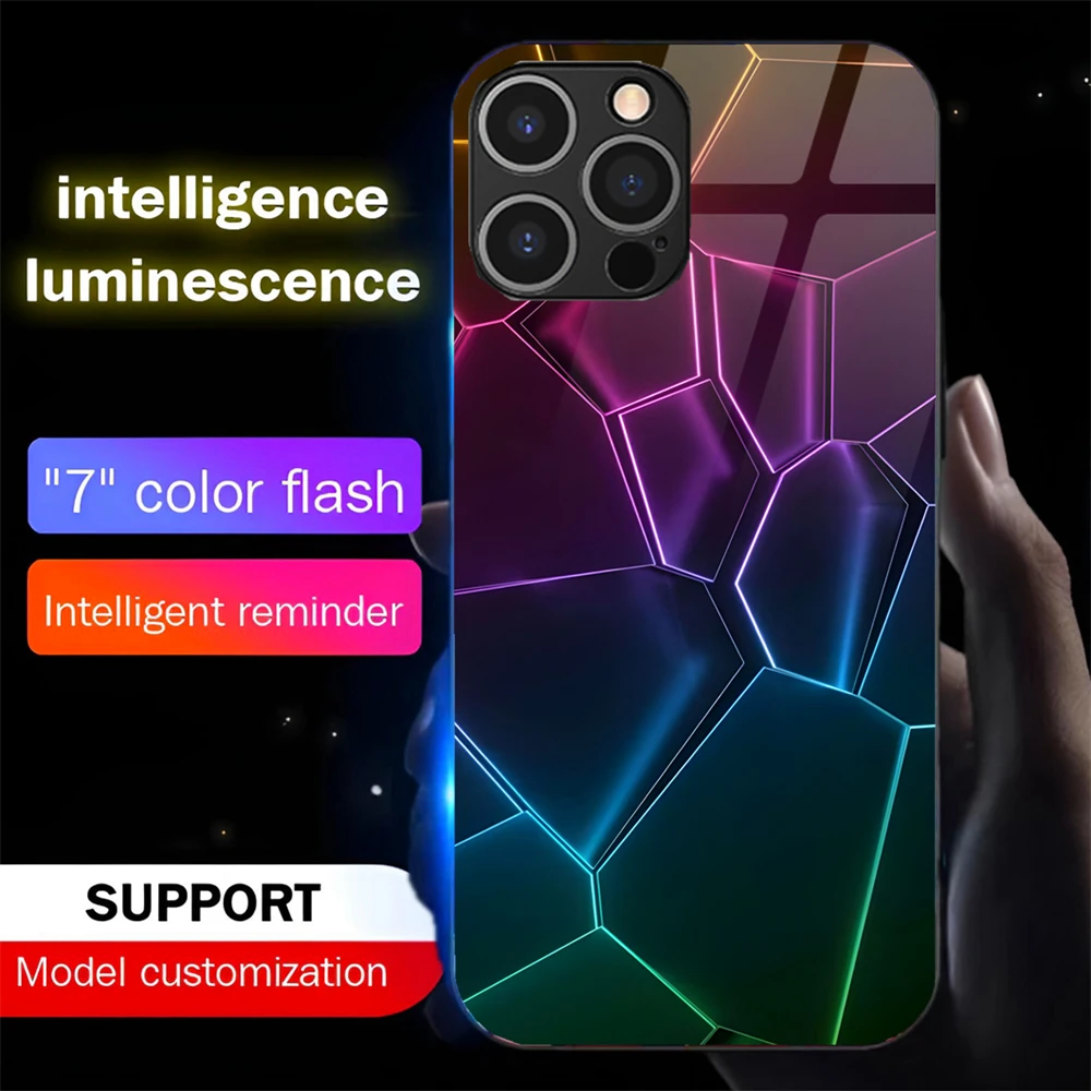 

Luxury Rhombus Flash Light up Case LED Luminous Tempered Glass Light Phone Case For iPhone 11 12 13 14 15 16 E Pro Max Plus SE