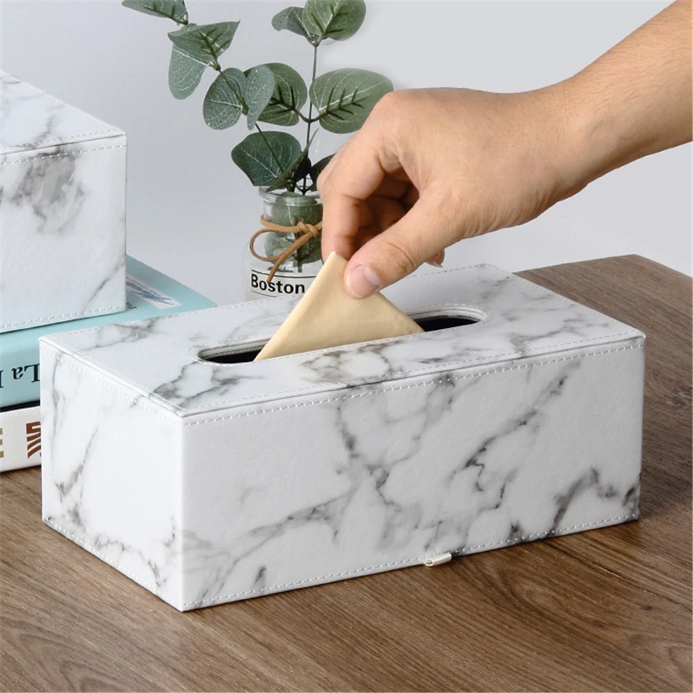 Tissue Box Desktop Tissue Dispenser for Living Room Creative Marble Texture Leather Paper Storage Box Durable Paper Organizer