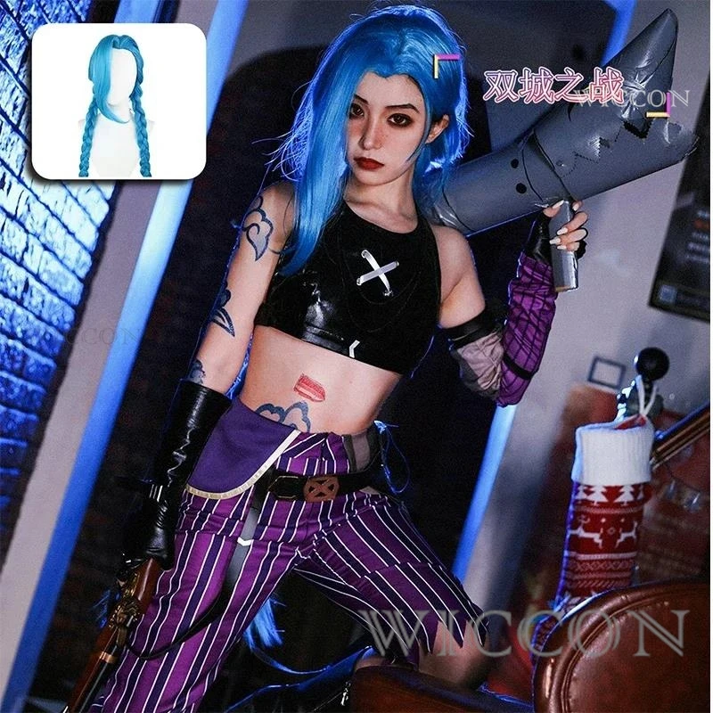 Jinx Cosplay Game Arcane Cosplay Costume pour femme, Crit Loli Jinx Uniforme, Perruque, Tatouage, Autocollant, Tenue sexy, Halloween, Costume de carnaval