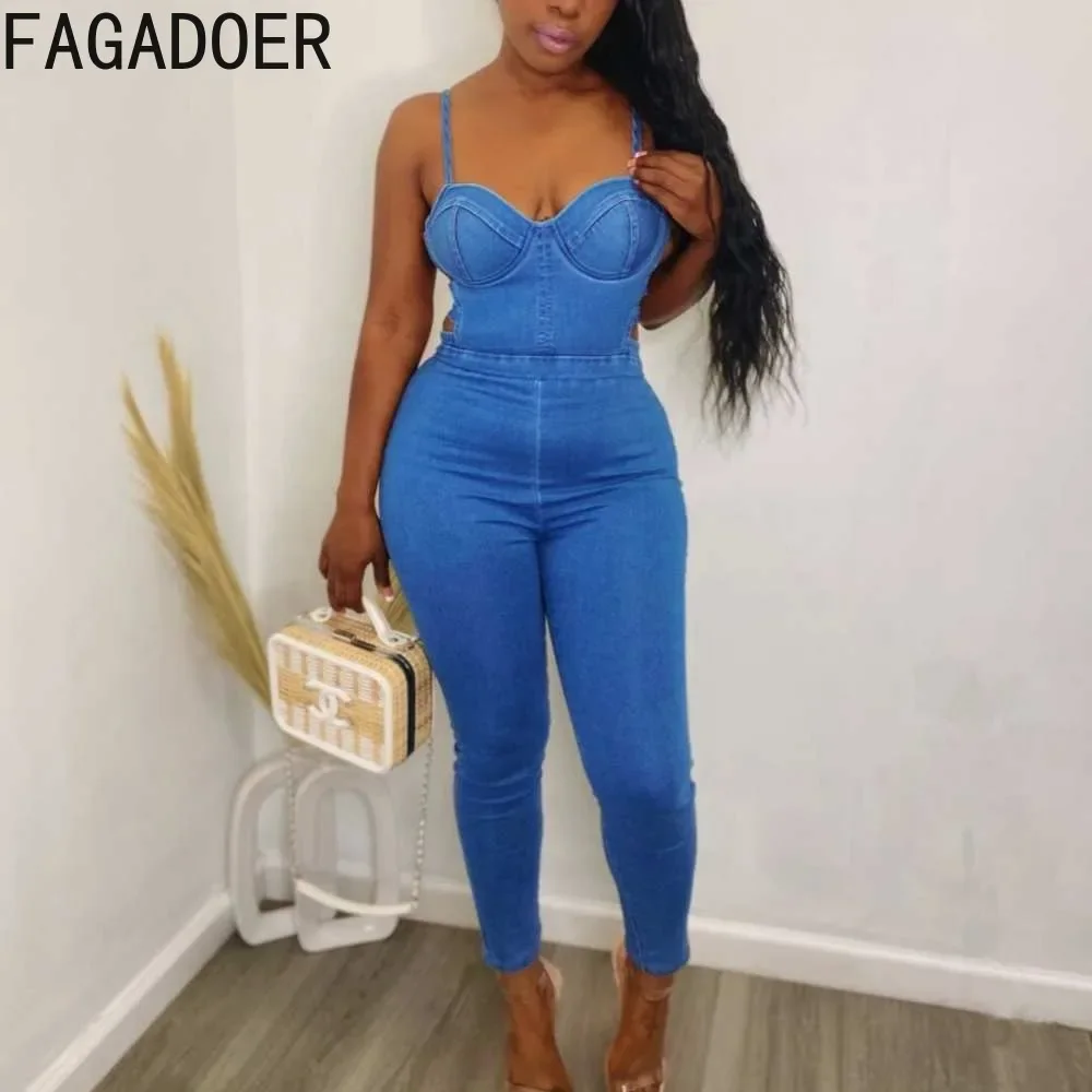 

FAGADOER Blue Sexy Hollow Patchwork Denim Jumpsuits Women Thin Strap Sleeveless Bodycon Playsuit Female Backless Cowboy Overalls