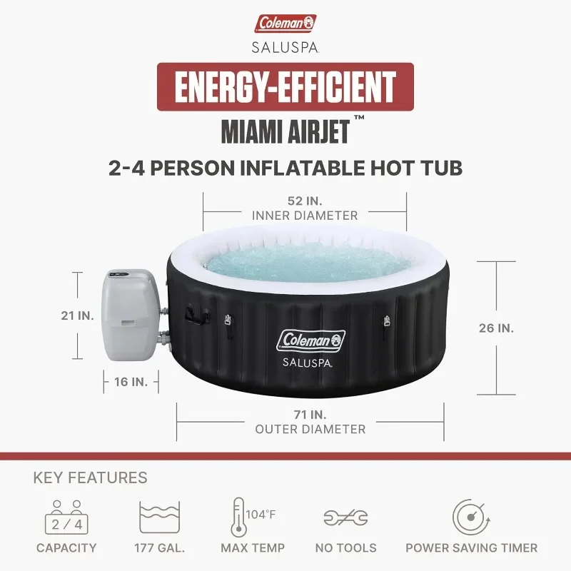 Coleman Miami 2 to 4 Person Inflatable Hot Tub, Round Energy-Efficient Portable Outdoor Spa with 120 AirJets, 71