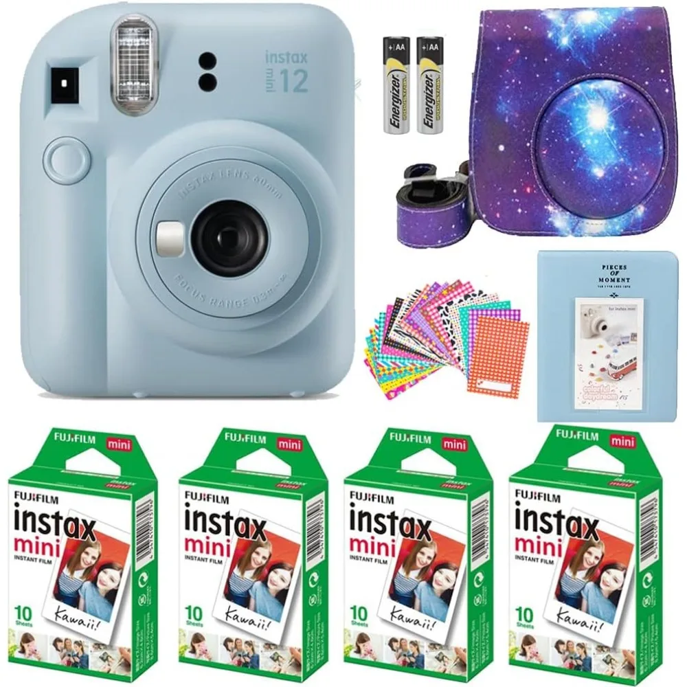 Compact Instant Camera in Pastel Blue with 40-Sheet Film Pack and Carrying Case, Strap, Album, Stickers