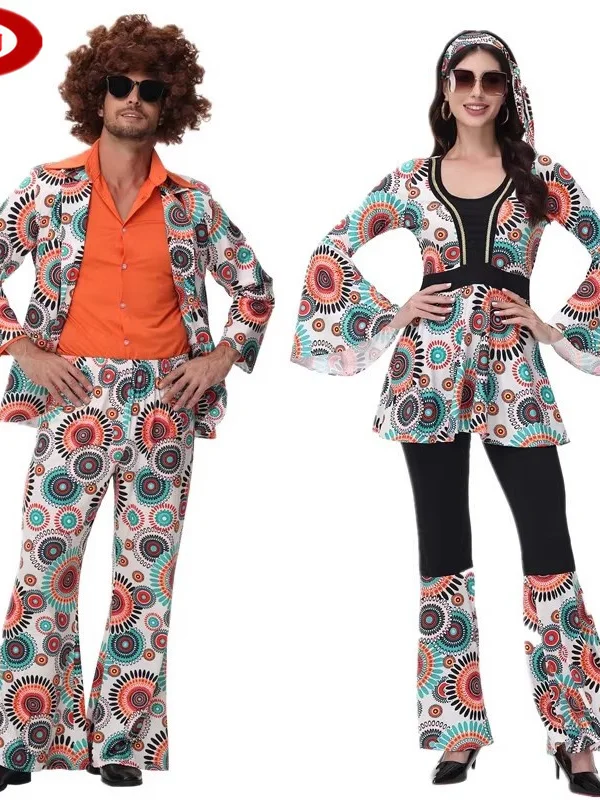 

Костюмы для пар в стиле ретро 70-х: хиппи, хип-хоп, диско, для выступлений в ночном клубе. Этнические сценические костюмы из полиэфирного волокна для женщин.