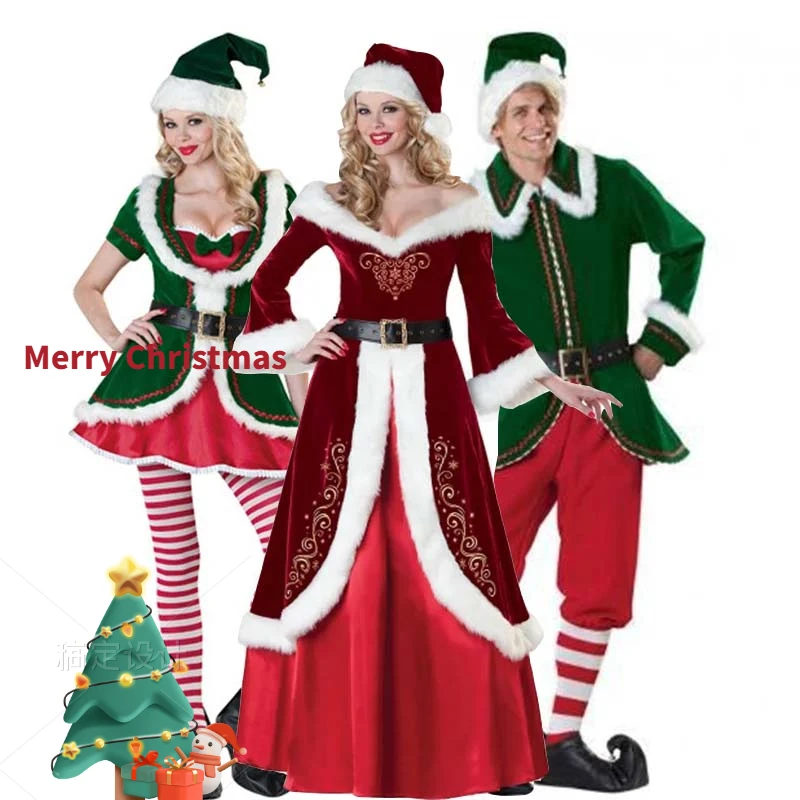 Velvet Cosplay Vestidos para Mulheres e Homens, Sexy Christmas Tree Clothing, Green Elf, Xmas Party, Papai Noel, Adulto