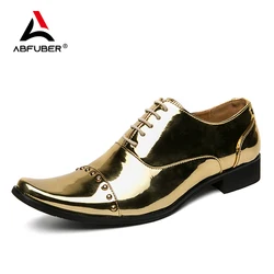 Personality Chelsea Leather Men Shoes Pointed Toe Lace-up Luxury Glossy Gold Mixed Rivet Stage Performance Casual Shoes For Men