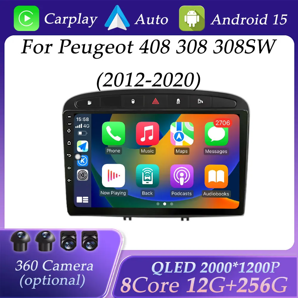 

QLED Screen for Peugeot 408 308 308SW 2012 -2020 Wireless CarPlay Car Radio Video Audio Multimedia Player GPS Navigation BT WIFI