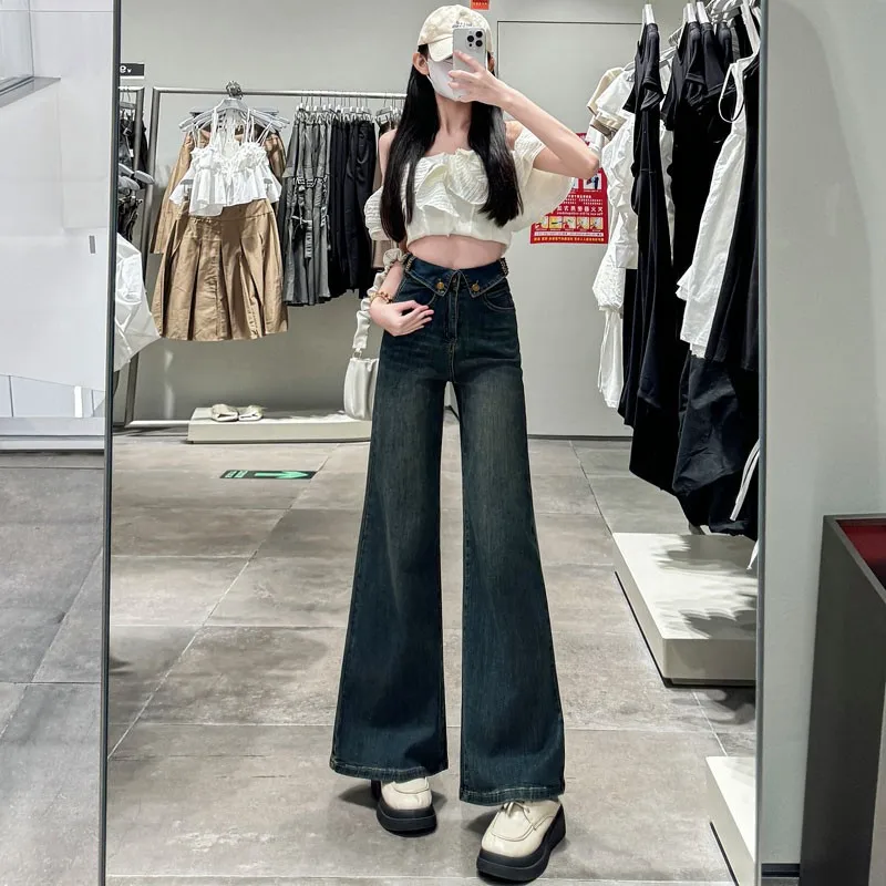 

Джинсы с высокой талией и широкими штанинами, женские модные свободные универсальные утягивающие джинсы прямого кроя, модный осенний новый дизайн