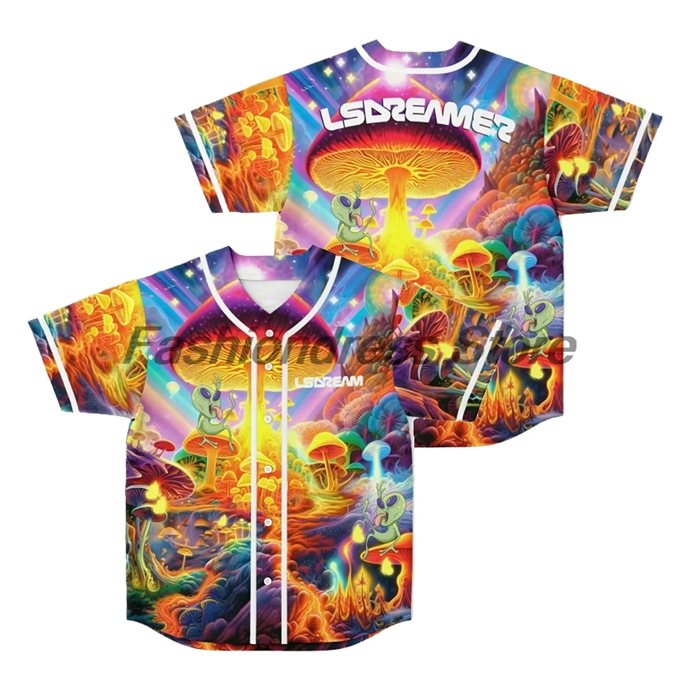 Camiseta LSDream Fungi Psicodélica para Festivales EDM 2026, Camisa de Manga Corta con Botones para Mujer y Hombre, Ropa Urbana