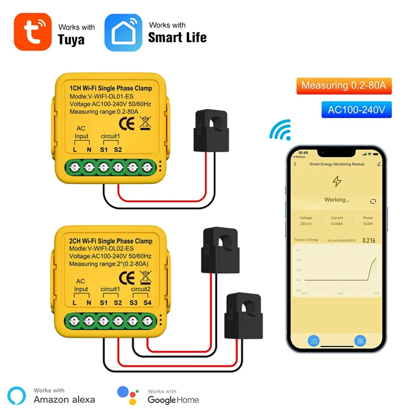 Mumubiz 80A WiFi Single Phase Clamp Tuya Smart Din Rail Current Energy Statistics Monitoring Relay Compatible With Alexa Alice