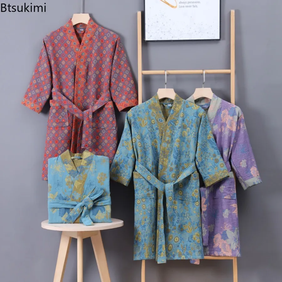 

New 2025 Pure Cotton Children's Bathrobe with Double Layered Gauze Long Sleeved Kimono Collar Yukata Pajamas for Boys and Girls