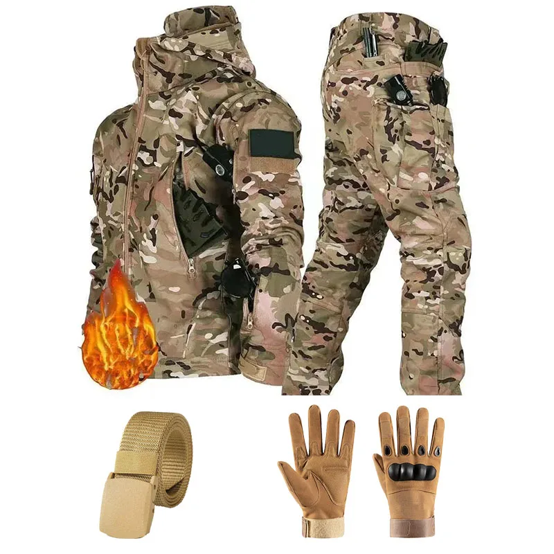 Men's Camo Suit Winter Autumn Softshell Fleece Waterproof Tactical Set Multi-pocket Hooded Jacket Pants Outdoor Hunting Suit - view 2