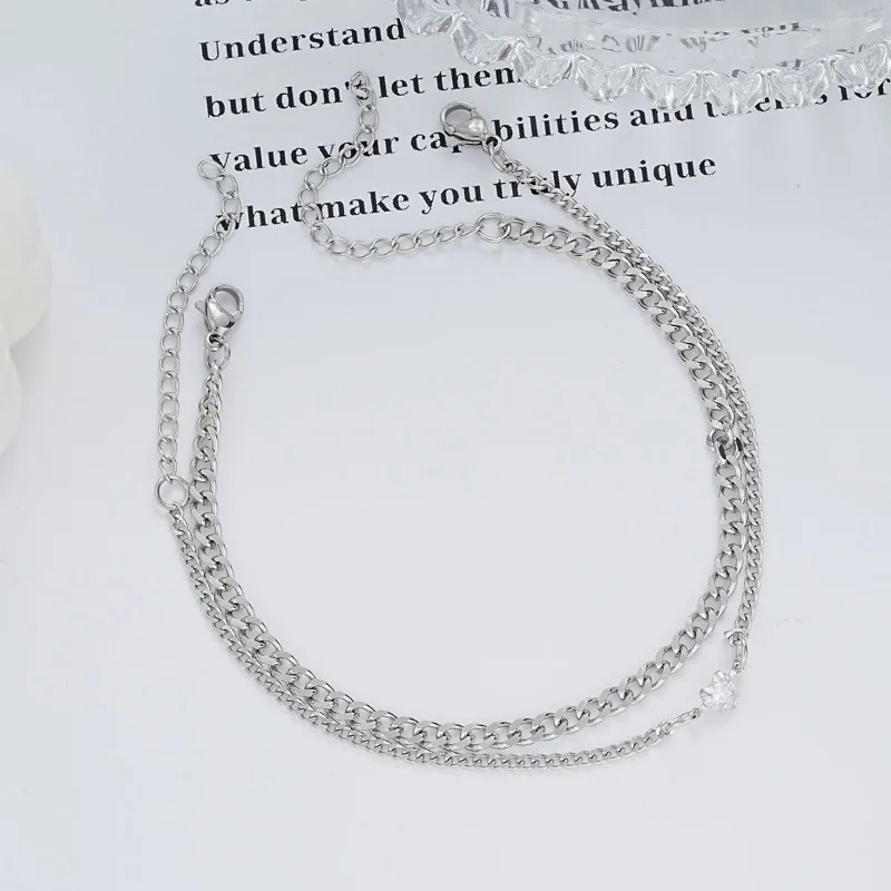 2PCS Simple Fashion Stainless Steel Bracelet Set for Couple Unisex Women Men Lover Crystal Heart Silvery Chain Bracelets Jewelry