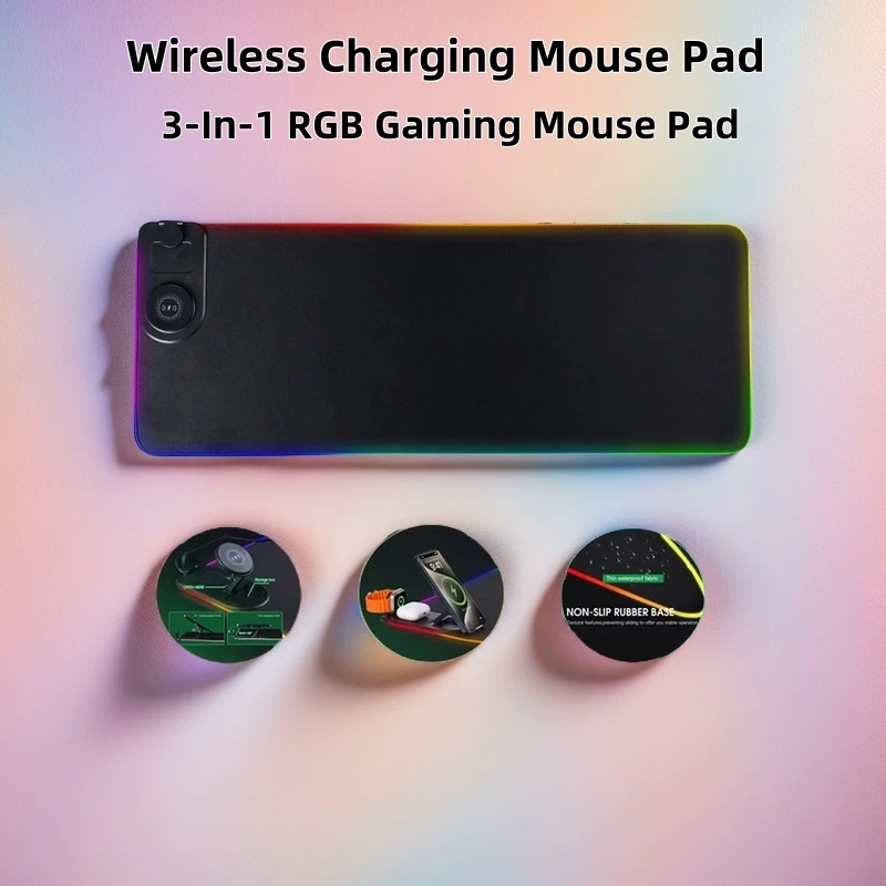 

RGB игровой коврик для мыши, магнитное беспроводное зарядное устройство, атмосферный светильник, портативный для телефона, часов, ПК, ноутбука, коврик для мыши 3-в-1