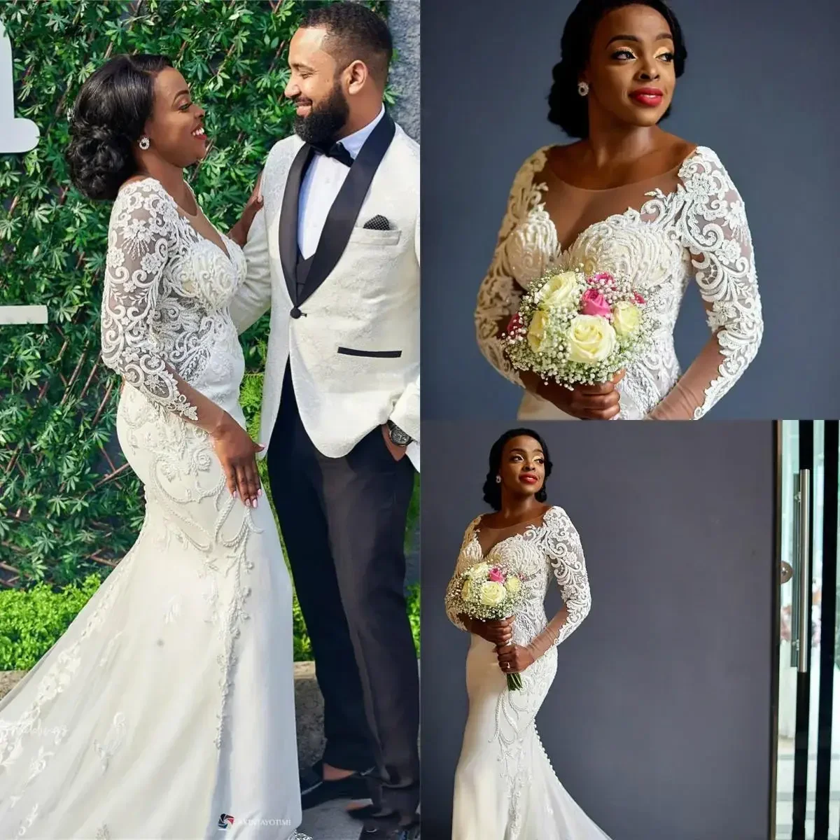 

Customized African Vintage Long Sleeves Lace Appliqued Mermaid Wedding Dresses Sexy Black Girl Sweep Train Plus Size Bridal Gown