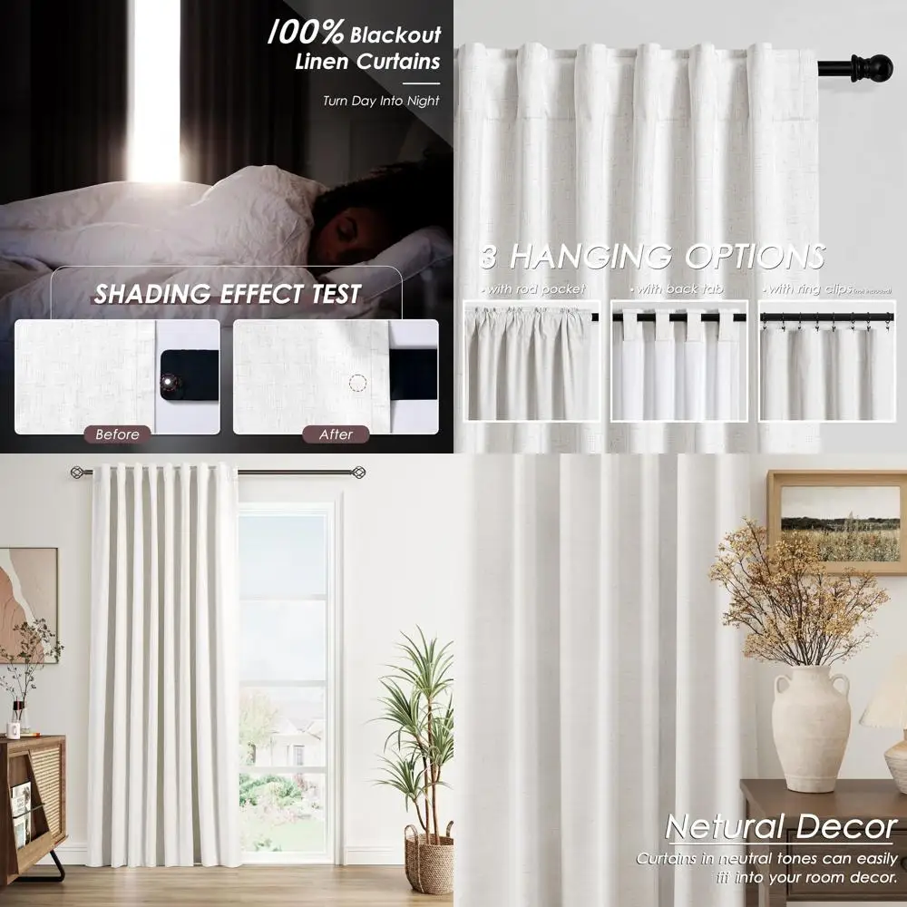 

Thermal Insulated Linen Curtains 60x84, 100% Blackout, Neutral Rustic Style for Bedroom, Back Tab Design