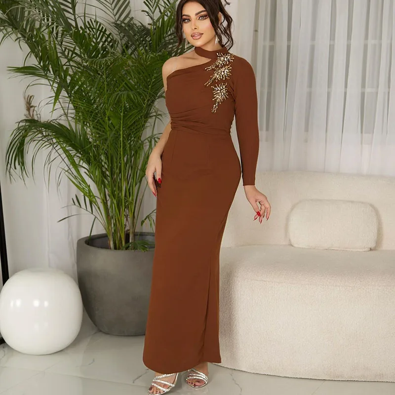 Customized One Shoulder Beading Evening Dresses Brown Jersey Ankle Length Full Sleeve Formal Prom Gown Elegant Party Dress فساتي