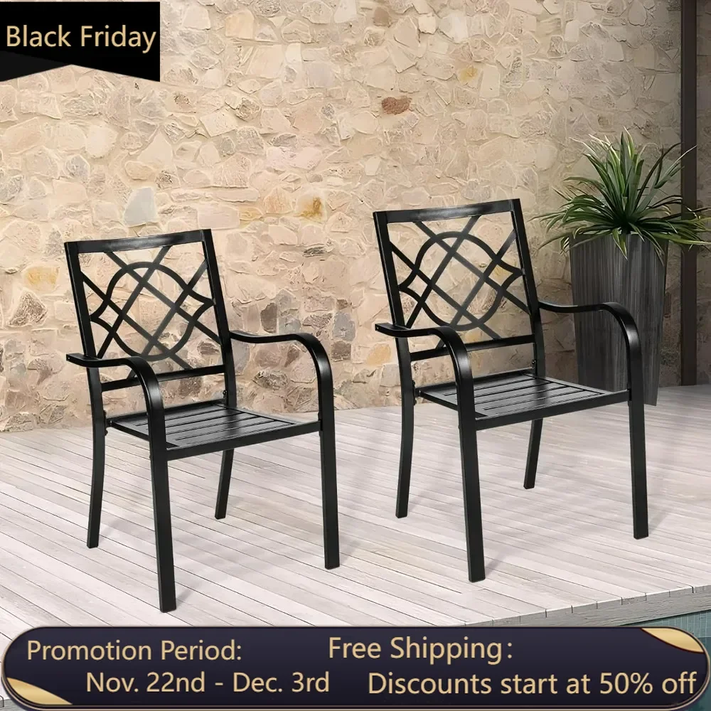 

2 pieces of forged iron black 300 pound outdoor dining chairs, terrace metal stackable chairs with armrests