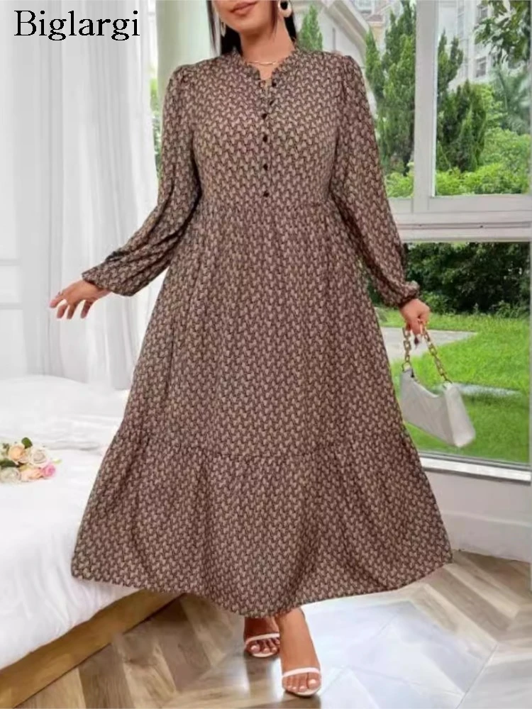 Plus Size Autumn Geometric Print Long Dress Women Loose Ruffle Pleated Fashion Long Sleeve Ladies Dresses Casual Woman Dress