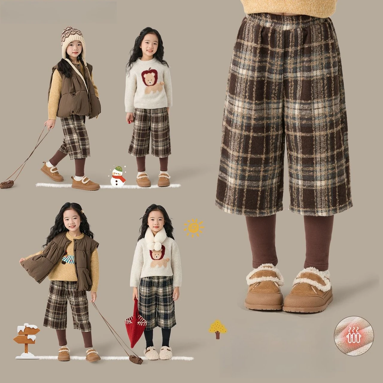 

School Girls Winter Plaid Pants Kids Fleece Casual Widel Leg Pants + Leggings 2-in-1 Look Warm Tights for Teen Children Trousers