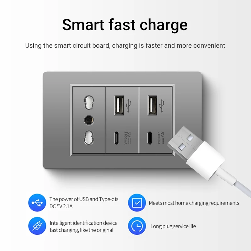 Elegan 118*72mm PC-Panel EU Brasilien Italien Steckdose mit USB Typ C Ladeans chluss Kombination DC 5V 2.4a Ladegerät Steckdose