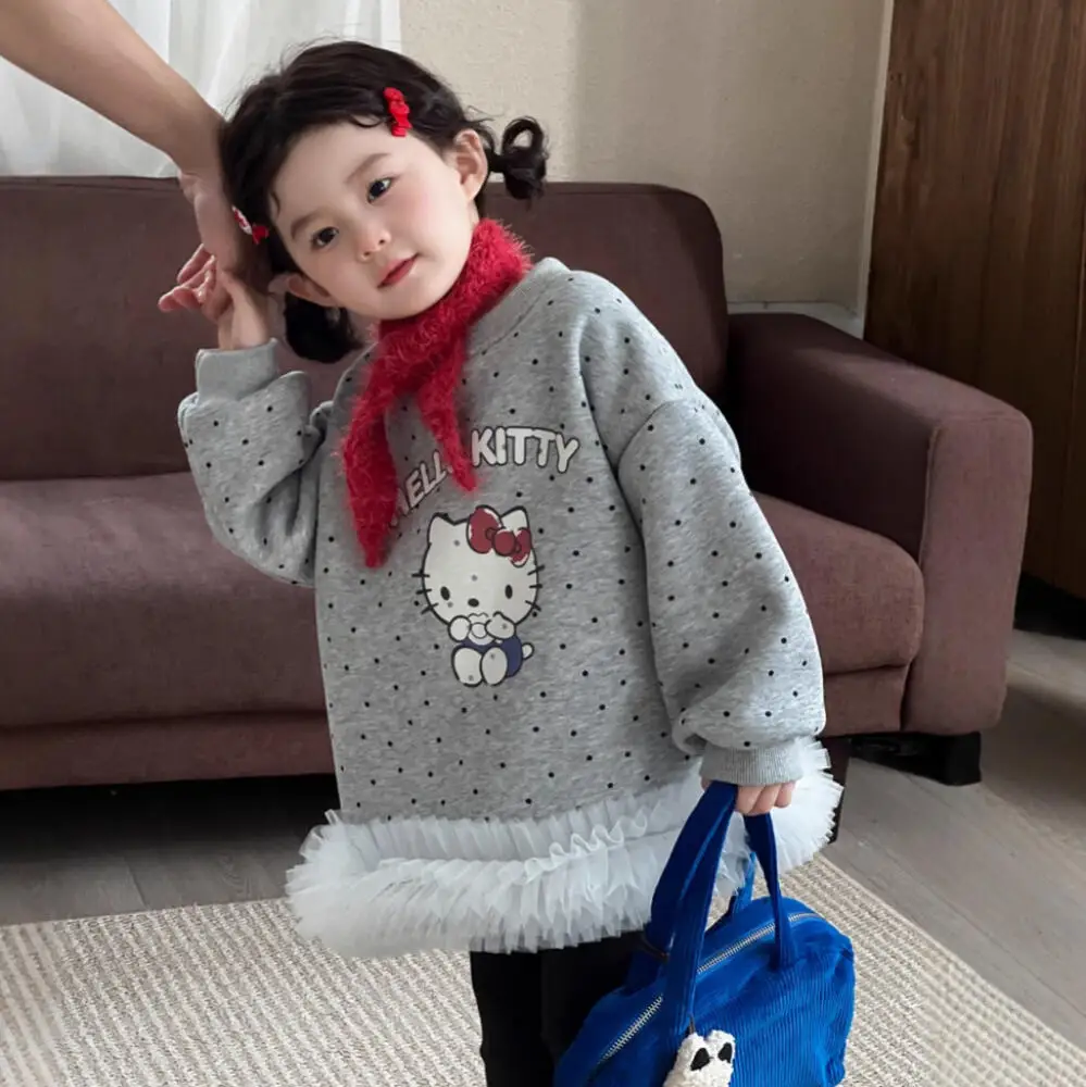 

Sanrio Hello Kitty Autumn Winter Girls' Plus Velvet Polka Dot Mesh Sweatshirt Skirt Kids Cartoon Cute Thickened Tops Leggings