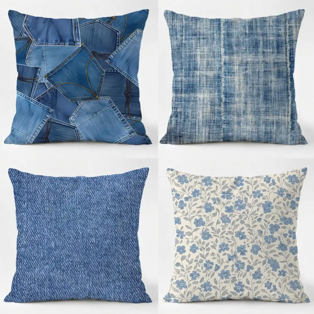 V-Vintage Denim Pattern Cushion Cover Daily Washable Linen Pillowcase Soft  for Sofa Bed Home Room Decor
