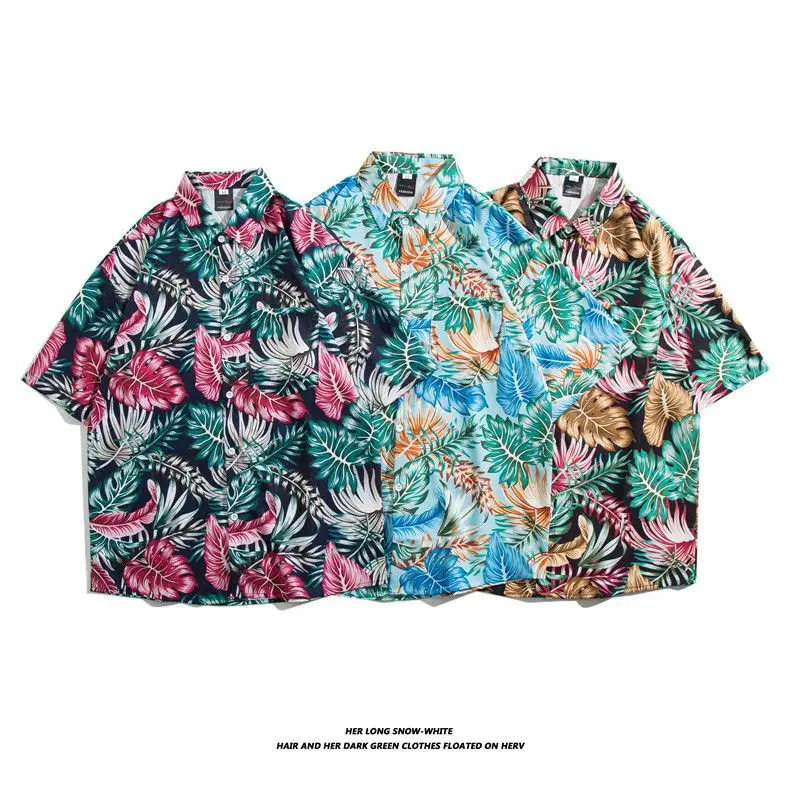 

Мужская летняя свободная повседневная футболка в стиле кубинского воротника, с цветочным принтом, из хлопка и полиэстера, в американском ретро-стиле, для молодежи