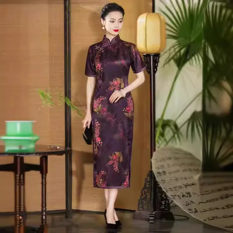 

Full Cardigan High-End Gambiered Guangdong Silk Cheongsam Qipao Summer Women's Ancient Quality Real Silk Long Chinese Dress