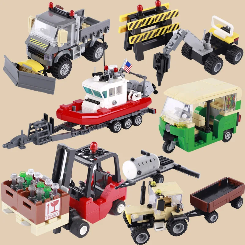 MOC City Figures Car Shovel Snowplow Speedboat Building Blocks Village Farm Forklift Tractor Tricycle Model Bricks Kids Toy Gift