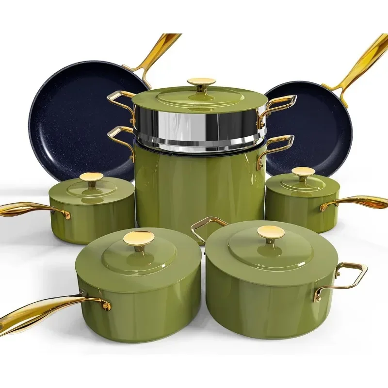 Cookware Set with Elegant Gold Handle Diamond Infused Ceramic Non-Stick, PFAS Free, Premium Metal Lids Ergonomic Stay-Cool