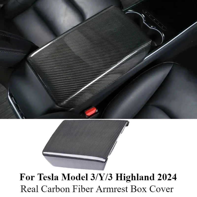 For Tesla Model 3 Y Accessories Armrest Protector Box 3K 240G Real Carbon Fiber Cover Center Console Panel Pad Model3 Highland