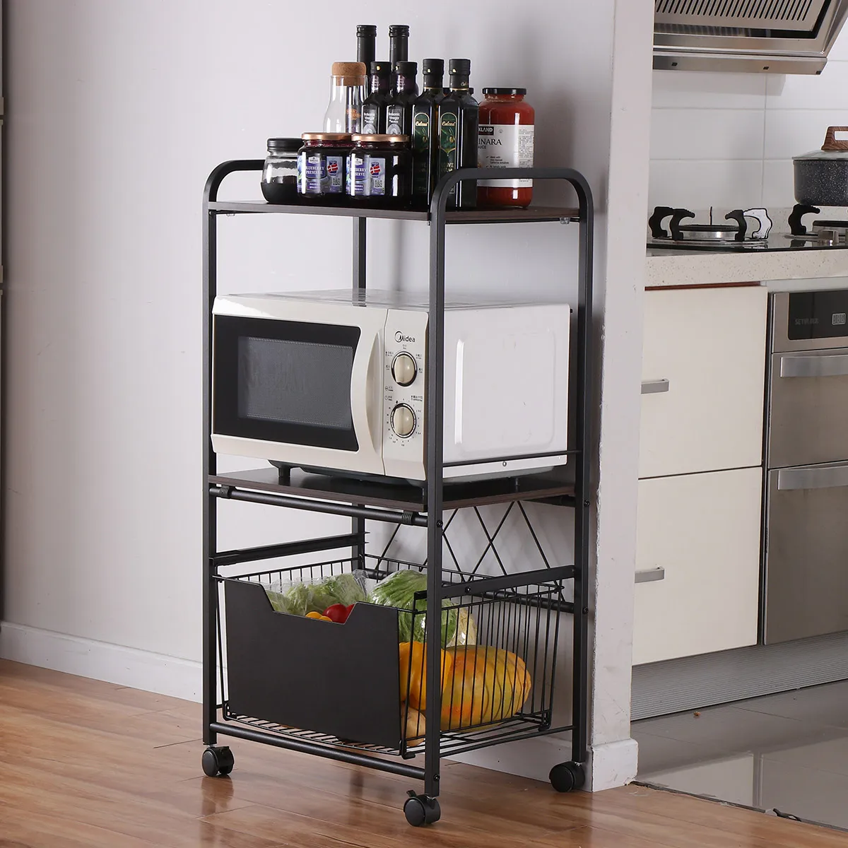 3‑Tier Storage Cart Metal Trolley With Basket & Wheels,Microwave oven rack, Mobile Storage Rack For Home Kitchen Organizer