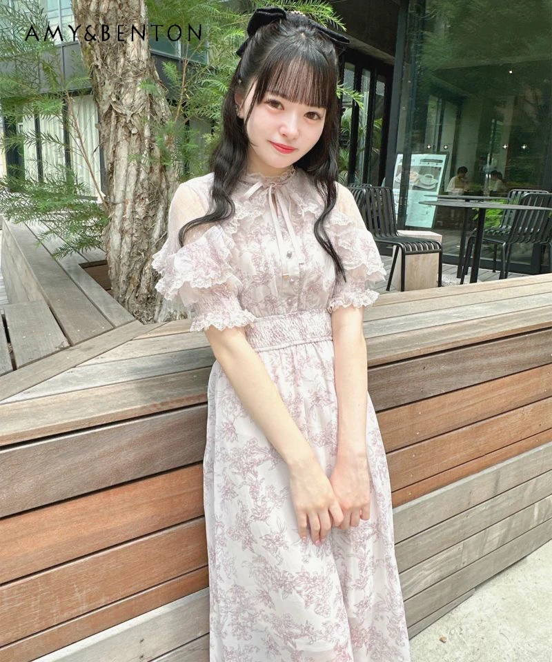 Japanese Rojita Mine Lace Dress Mass-Produced Sweet Printed Elegant Graceful Mid-Length Dress for Women Slim Lolita Dresses