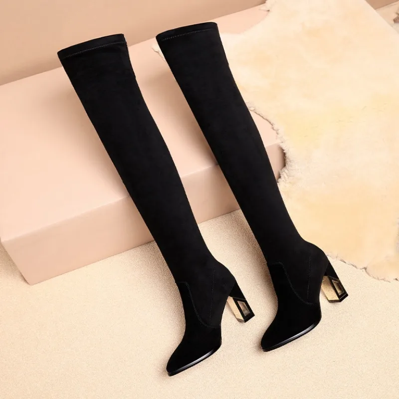 Women Boots Autumn and Winter Fashion Sexy Pointed Toe Over The Knee Elastic Plus Velvet Warm Long Tube Flocking Boots for Women