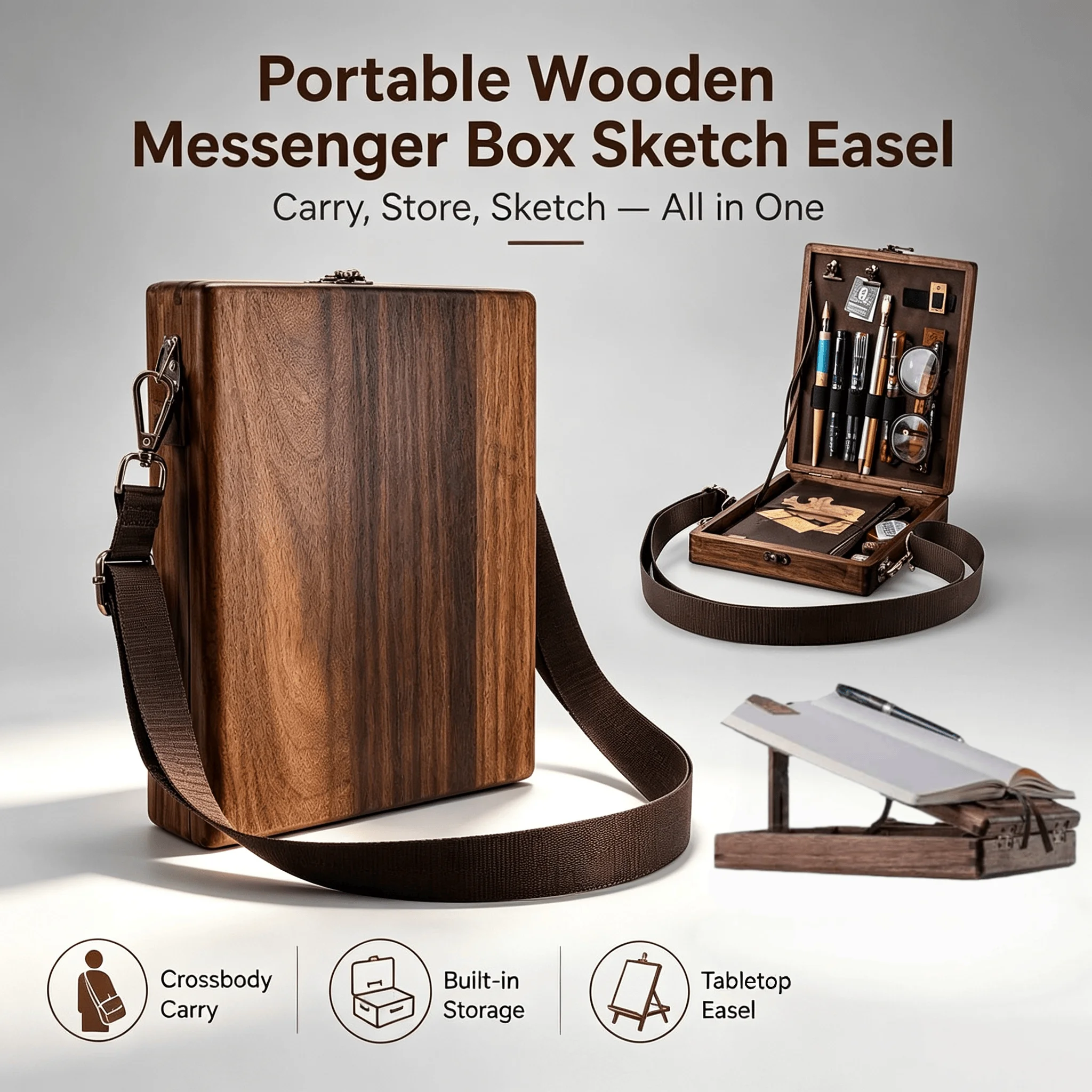 Retro Nostalgic Wooden Storage Box, Portable Writer Wood Box Bag, Wood Messenger Bag, Outdoor Sketch Box Bag, Sketching Tool