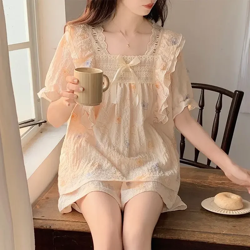 Kawaii Kleidung Nachtwäsche Frauen Sommer Kurzarm Baumwolle Pyjama setzt Spitze Lounge wear zweiteilige Mädchen Nachtwäsche koreanische Pyjamas