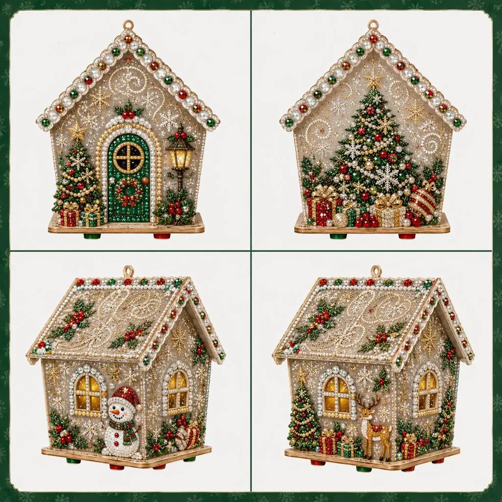 Diamond Painting Set, Weihnachtshaus aus Holz, DIY Lebkuchenhaus, 3D-Bausatz, Weihnachtsdekoration für Zuhause, Weihnachtsmann Schneemann Dee – Detail 3