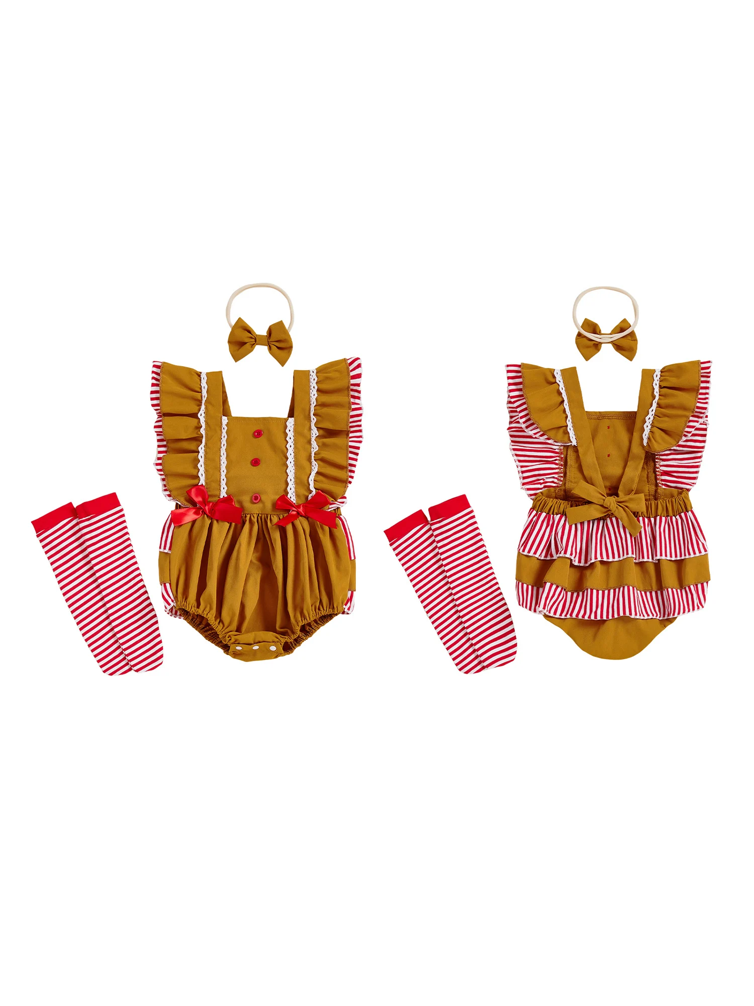 

Cute Baby Girl Winter Outfit Adorable Bow Detail Romper with Matching Headband and Striped Stockings 3 Piece Set for Christmas