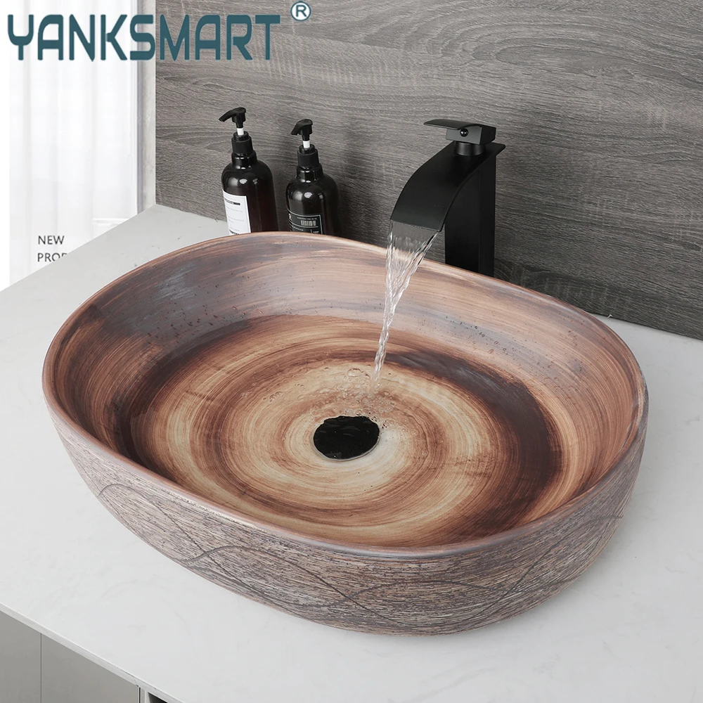 

Овальная раковина для ванной комнаты YANKSMART, керамическая раковина для умывальника со смесителем, смеситель для водопада, выдвижной сливной комбинированный комплект