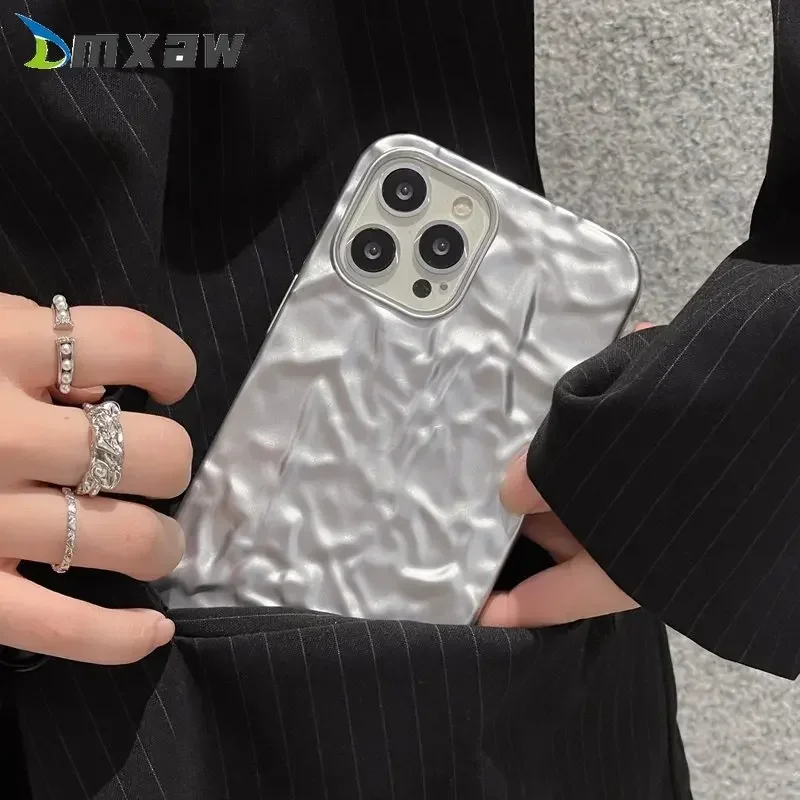 For iPhone 15 14 13 12 Pro Max Mini XR X XS Max 7 8 Plus Phone Case Silver Tin Foil Tinfoil Luxury Fashion Bling Glitter Cover