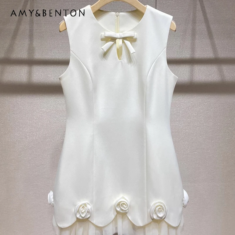 

Korean Design Solid Color Flower Women's Dress 2026 Summer New Round Neck Bow Mesh Splicing Sleeveless Vests Dresses Ladies
