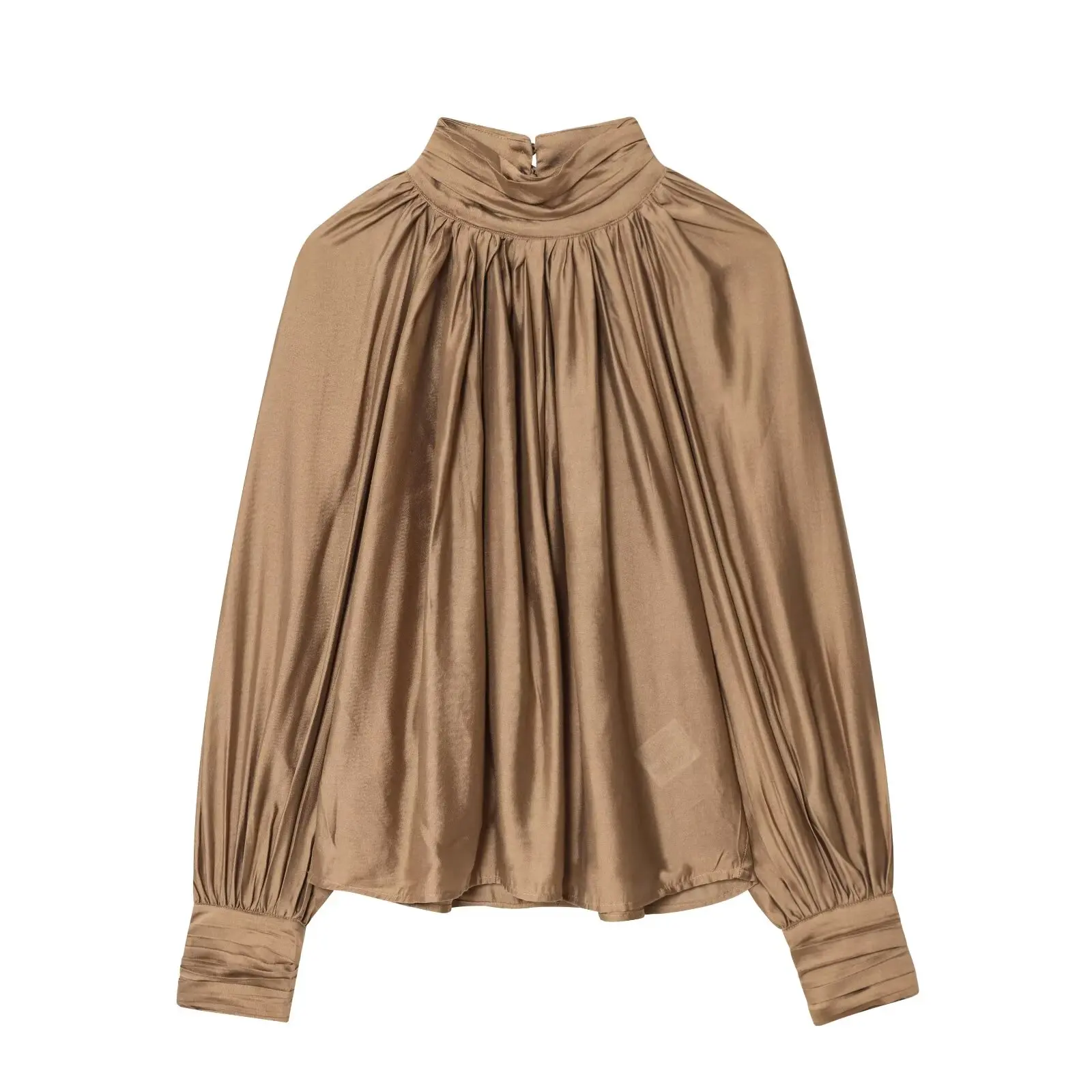 BSAY 2026 Französische Minimalistische Damen-Satinbluse mit Stehkragen, gerafftem Design, Laternenärmeln, lockerem Schnitt, glänzend, elegant, für Bürokleidung, Oberteil – Detail 3