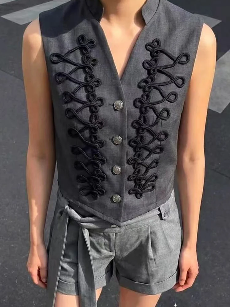 TFMLN Women's Knot Button Waistcoat Stand Collar Sleeveless Slim Double Breasted Decor Tank Tops Coat Fashion New Lady Outwear
