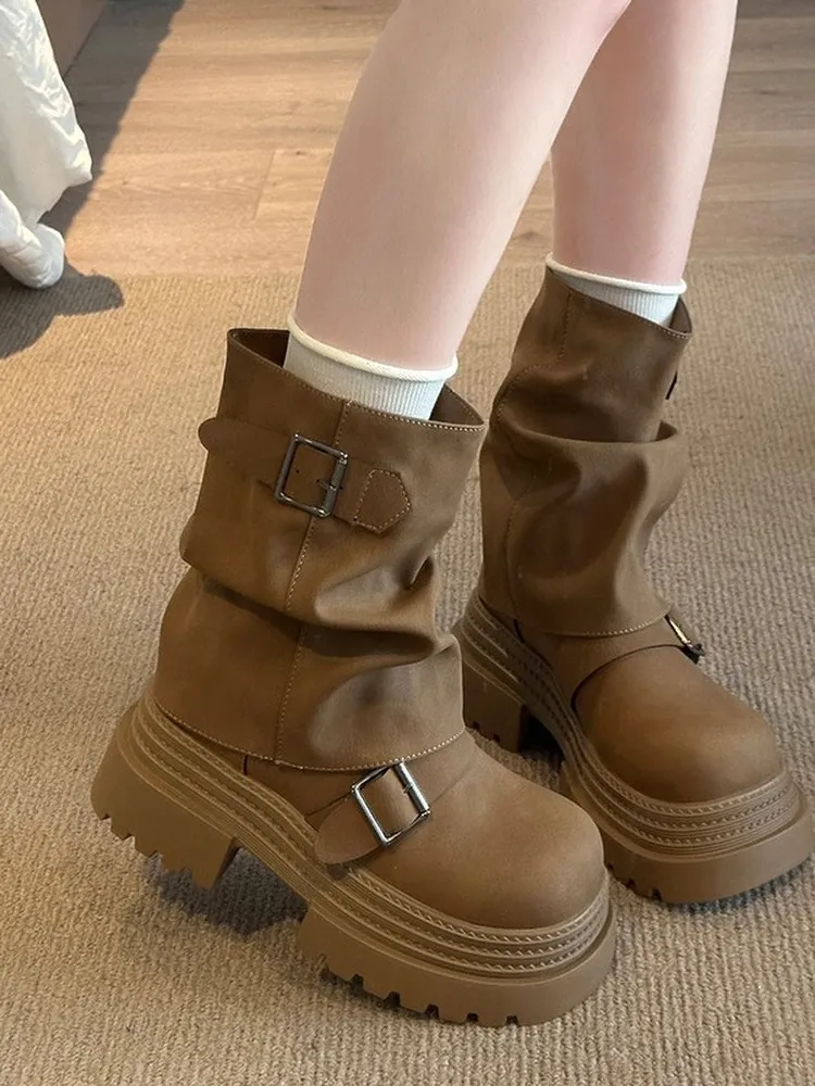 

Женские ботинки Thi Bot Briti Sle, осенние новые ботинки до середины икры, коричневые манжеты, зимняя теплая резиновая подошва