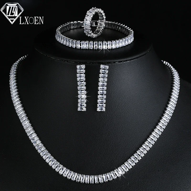 LXOEN Luxury Brilliant Cubic Zirconia Necklace Set Earrings Rings Women CZ Light Drop Bridal Wedding Jewelry Sets 2023 New