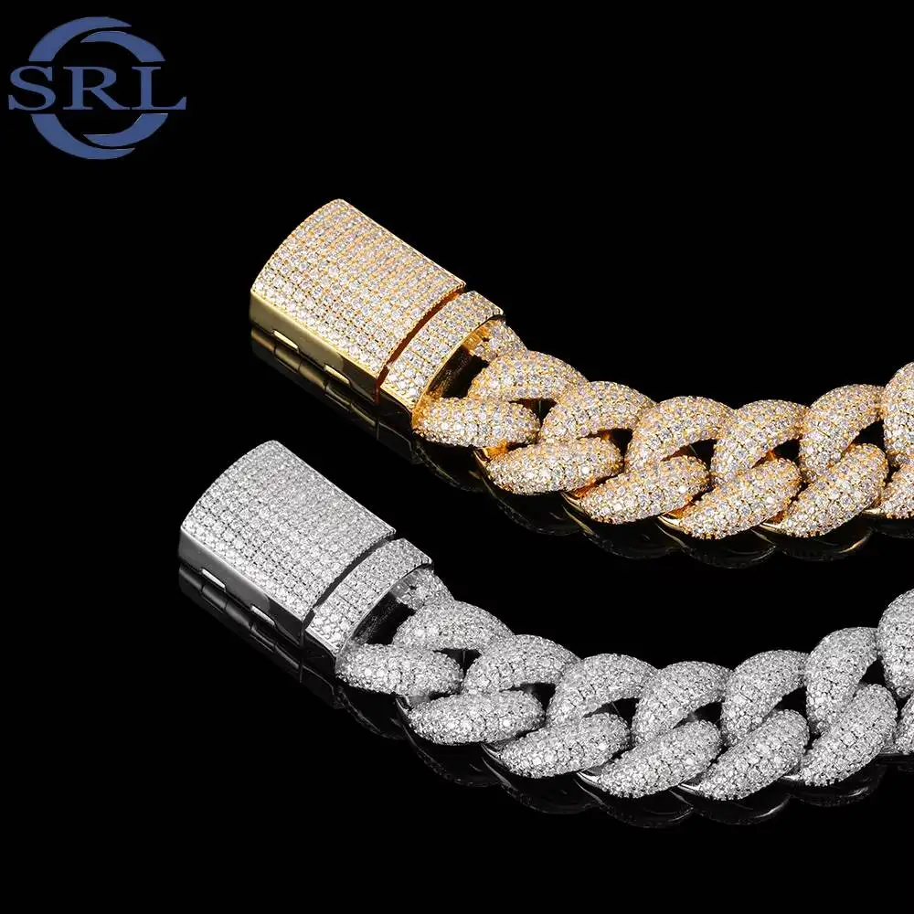 Fashion CHA019 18mm VVS Moissanite Tennis Cuban Chain Iced Out Hip Hop Jewelry Necklace for Men Gold Plated Brass Link Design..