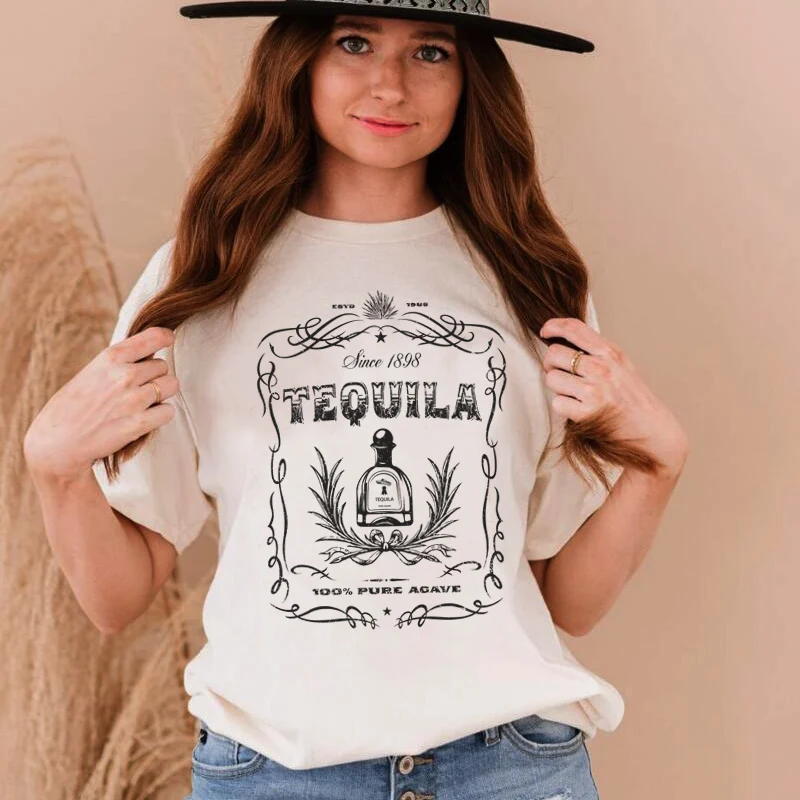 Tequila Women Summer Western Vintage T-Shirts Cute Funny Drinking T Shirts Cowgirl Alcohol Shirt Retro Boho Graphic Tees Top