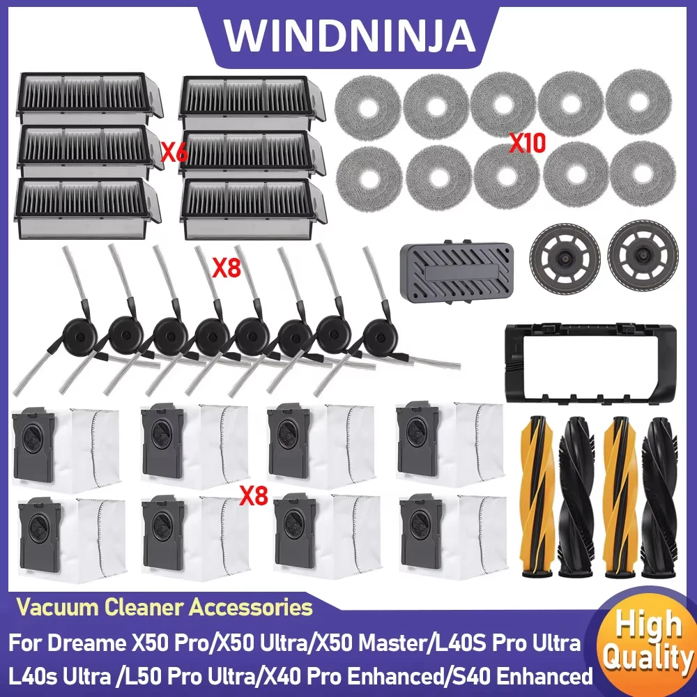 Escova Lateral Principal, Filtro HEPA, Panos de Limpeza, Saco de Poeira para Dreame X50 Pro/X50 Ultra/X50 Master/L40S Pro Ultra/L50 Pro Ultra/MOVA V50 Ultra
