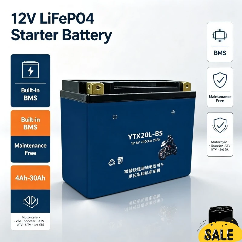 Built‑in BMS 12V LiFePO4 Starter Battery 4Ah‑30Ah Maintenance‑Free For Motorcycle Scooter ATV UTV Jet Ski Powersports Battery
